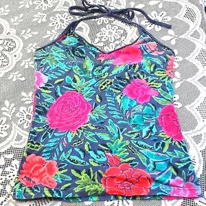 H&M, Blue Halter Top w/Pink Flowers & Unique Braided Accents, Size Medium